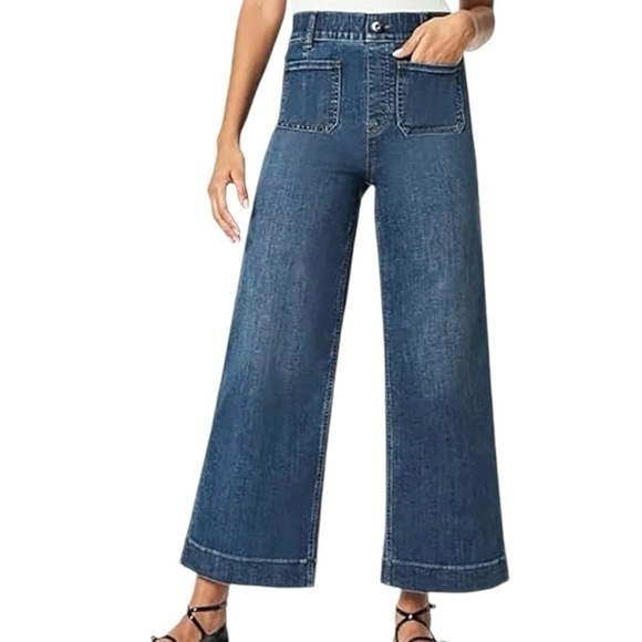Dark Wash Wide Leg Pocket-Front Mid-Rise Stretch Lightweight Bootcut Denim … - Picture 1 of 12